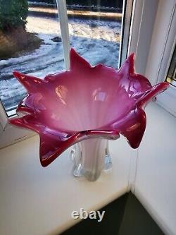 Large Vintage Murano Pink, White & Clear Opalescent Freeform Art Glass Vase