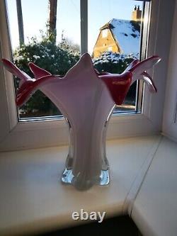 Large Vintage Murano Pink, White & Clear Opalescent Freeform Art Glass Vase