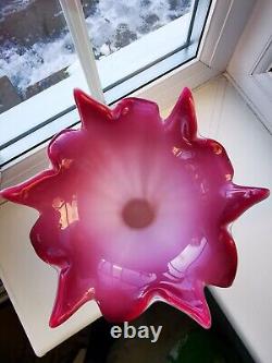 Large Vintage Murano Pink, White & Clear Opalescent Freeform Art Glass Vase