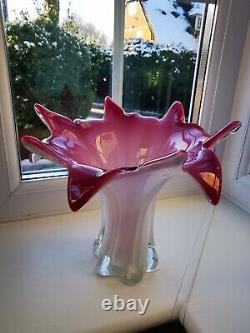 Large Vintage Murano Pink, White & Clear Opalescent Freeform Art Glass Vase
