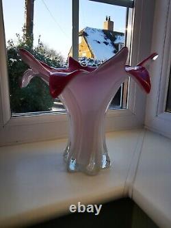 Large Vintage Murano Pink, White & Clear Opalescent Freeform Art Glass Vase