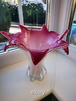 Large Vintage Murano Pink, White & Clear Opalescent Freeform Art Glass Vase