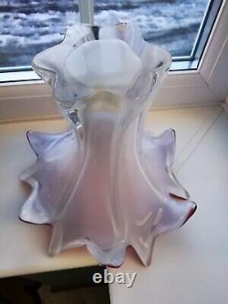 Large Vintage Murano Pink, White & Clear Opalescent Freeform Art Glass Vase