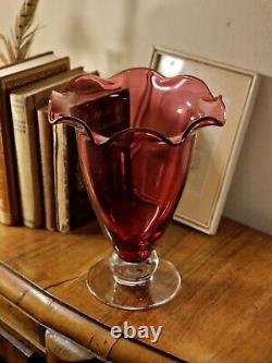 Large Vintage Rich Pink Cranberry Glass Flared Ruffled Rim Knop Stem Footed Vase