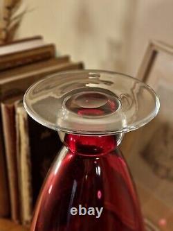 Large Vintage Rich Pink Cranberry Glass Flared Ruffled Rim Knop Stem Footed Vase