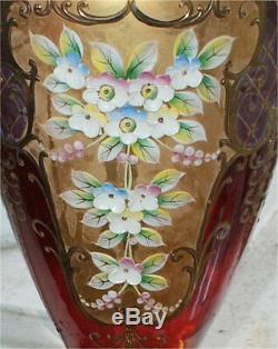 Large Vtg Czechoslovakia Bohemian Cranberry Pink Glass Enamel Guild Gold Vase