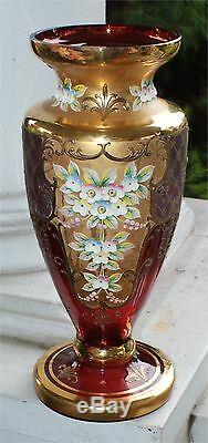 Large Vtg Czechoslovakia Bohemian Cranberry Pink Glass Enamel Guild Gold Vase