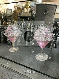 Large pink 4 Cocktail glass 3D glitter art mirrored picture, mirrored frame