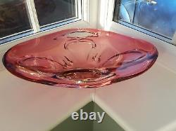 Large vintage Czech/Bohemian ruby and clear cased & pierced art glass bowl C1960