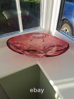 Large vintage Czech/Bohemian ruby and clear cased & pierced art glass bowl C1960