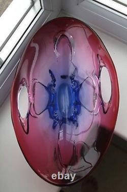 Large vintage Czech / Bohemian ruby & blue cased & pierced art glass bowl. C1960