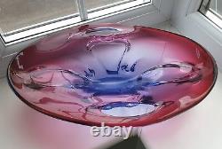 Large vintage Czech / Bohemian ruby & blue cased & pierced art glass bowl. C1960