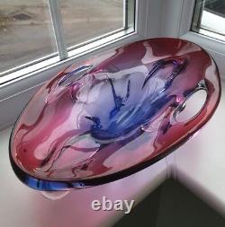 Large vintage Czech / Bohemian ruby & blue cased & pierced art glass bowl. C1960