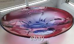 Large vintage Czech / Bohemian ruby & blue cased & pierced art glass bowl. C1960