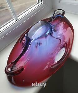 Large vintage Czech / Bohemian ruby & blue cased & pierced art glass bowl. C1960