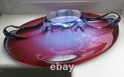 Large vintage Czech / Bohemian ruby & blue cased & pierced art glass bowl. C1960