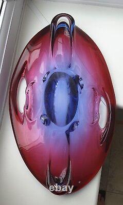 Large vintage Czech / Bohemian ruby & blue cased & pierced art glass bowl. C1960