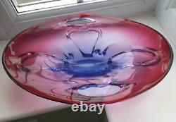 Large vintage Czech / Bohemian ruby & blue cased & pierced art glass bowl. C1960