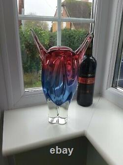 Large vintage Czech Chribska ruby & blue art glass vase design by J. Hospodka
