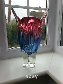 Large vintage Czech Chribska ruby & blue art glass vase design by J. Hospodka