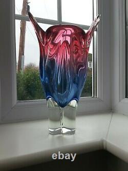 Large vintage Czech Chribska ruby & blue art glass vase design by J. Hospodka