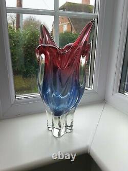 Large vintage Czech Chribska ruby & blue art glass vase design by J. Hospodka