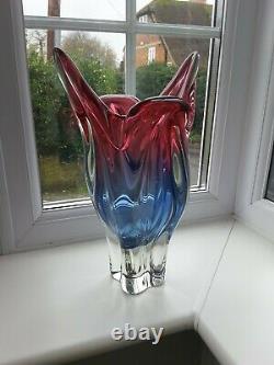 Large vintage Czech Chribska ruby & blue art glass vase design by J. Hospodka