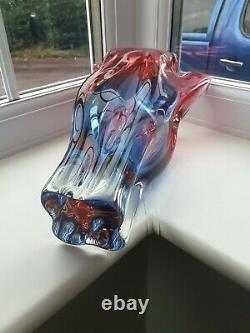 Large vintage Czech Chribska ruby & blue art glass vase design by J. Hospodka