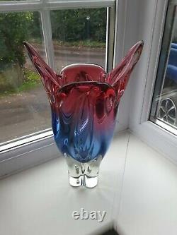 Large vintage Czech Chribska ruby & blue art glass vase design by J. Hospodka