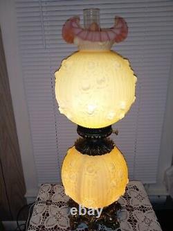 Lg FENTON Glass BURMESE Gone with the Wind Cabbage Rose 28.5'' Electric Lamp
