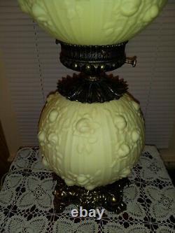 Lg FENTON Glass BURMESE Gone with the Wind Cabbage Rose 28.5'' Electric Lamp