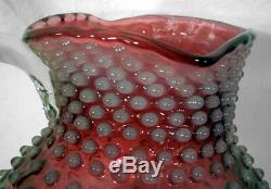 Lg. Victorian 1880s Hobbs Pink Cranberry Glass Opalescent Hobnail Water Pitcher