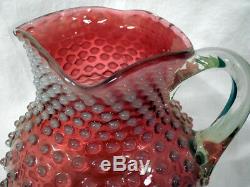 Lg. Victorian 1880s Hobbs Pink Cranberry Glass Opalescent Hobnail Water Pitcher