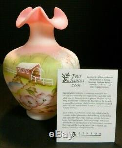 Limited Edition Hand Painted Fenton 4 Season Covered Bridge Burmese Glass Vase