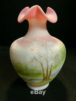 Limited Edition Hand Painted Fenton 4 Season Covered Bridge Burmese Glass Vase