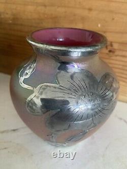 Loetz Art Nouveau iridescent glass rare Pink Silver Overlay Alivin Vase 4