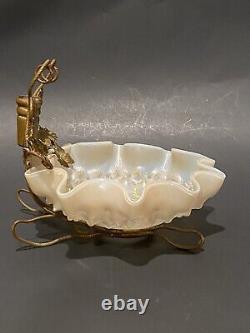 Loetz Kralik Red Irridescent Glass Bronze Mtd Compote Art Glass Bowl Basket
