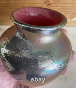 Loetz Or Kralik Iridescent Glass Vase Art Nouveau Sterling Silver Overlay