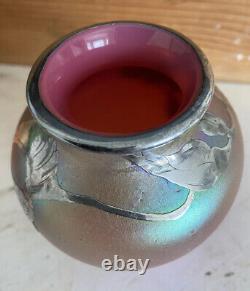 Loetz Or Kralik Iridescent Glass Vase Art Nouveau Sterling Silver Overlay