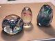 Lot Of 3 Vintage Signed Art Glass Paperweights-Pink Flower, Pink & Teal, Fritch