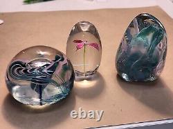 Lot Of 3 Vintage Signed Art Glass Paperweights-Pink Flower, Pink & Teal, Fritch