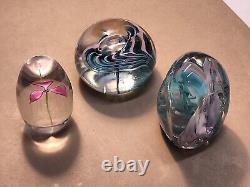 Lot Of 3 Vintage Signed Art Glass Paperweights-Pink Flower, Pink & Teal, Fritch