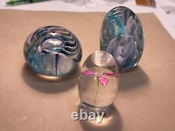 Lot Of 3 Vintage Signed Art Glass Paperweights-Pink Flower, Pink & Teal, Fritch
