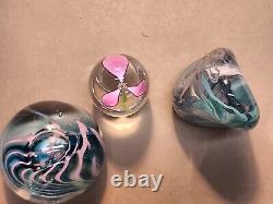 Lot Of 3 Vintage Signed Art Glass Paperweights-Pink Flower, Pink & Teal, Fritch