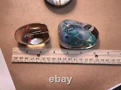 Lot Of 3 Vintage Signed Art Glass Paperweights-Pink Flower, Pink & Teal, Fritch