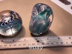 Lot Of 3 Vintage Signed Art Glass Paperweights-Pink Flower, Pink & Teal, Fritch