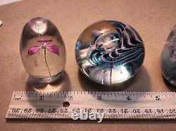 Lot Of 3 Vintage Signed Art Glass Paperweights-Pink Flower, Pink & Teal, Fritch