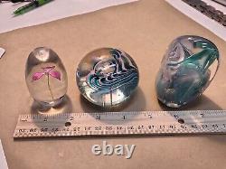 Lot Of 3 Vintage Signed Art Glass Paperweights-Pink Flower, Pink & Teal, Fritch