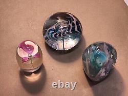 Lot Of 3 Vintage Signed Art Glass Paperweights-Pink Flower, Pink & Teal, Fritch