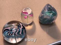 Lot Of 3 Vintage Signed Art Glass Paperweights-Pink Flower, Pink & Teal, Fritch